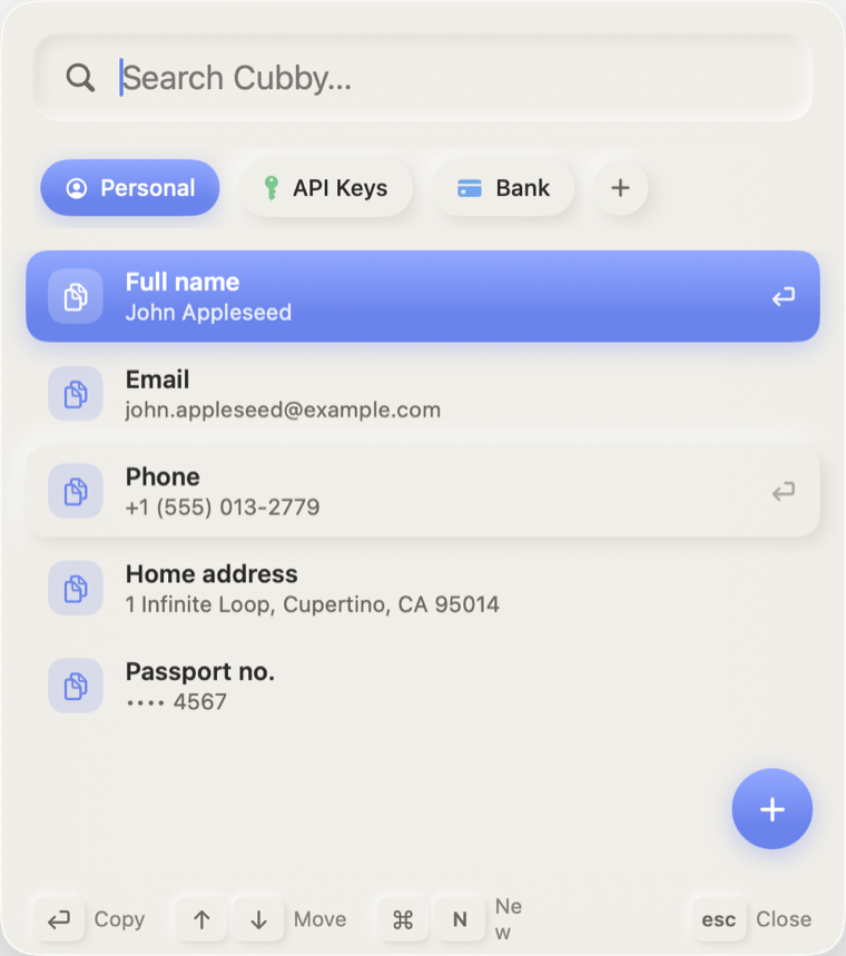 The Cubby panel: named compartments (Personal, API Keys, Bank) with entries and a masked passport number